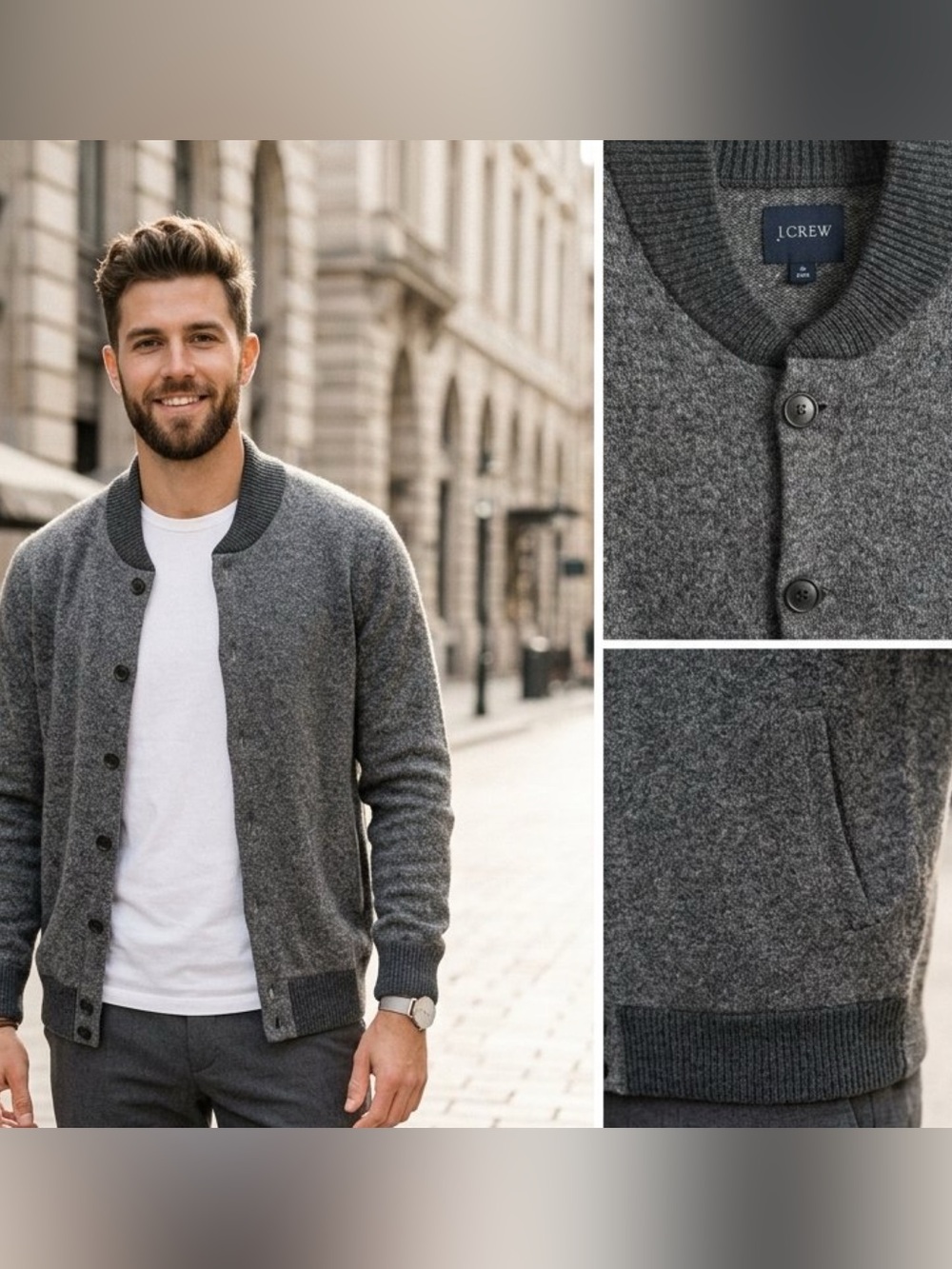 J.CREW Mens Lambswool Bomber Sweater Cardigan Gray Preppy Dark Academia Size XL